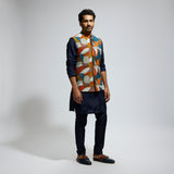 ABSTRACT BUNDI PAIRED WITH SOLID BLUE KURTA AND PANTS