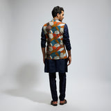 ABSTRACT BUNDI PAIRED WITH SOLID BLUE KURTA AND PANTS
