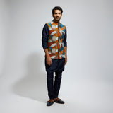 ABSTRACT BUNDI PAIRED WITH SOLID BLUE KURTA AND PANTS