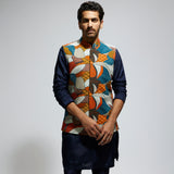 ABSTRACT BUNDI PAIRED WITH SOLID BLUE KURTA AND PANTS
