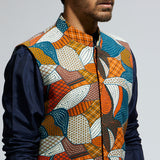 ABSTRACT BUNDI PAIRED WITH SOLID BLUE KURTA AND PANTS