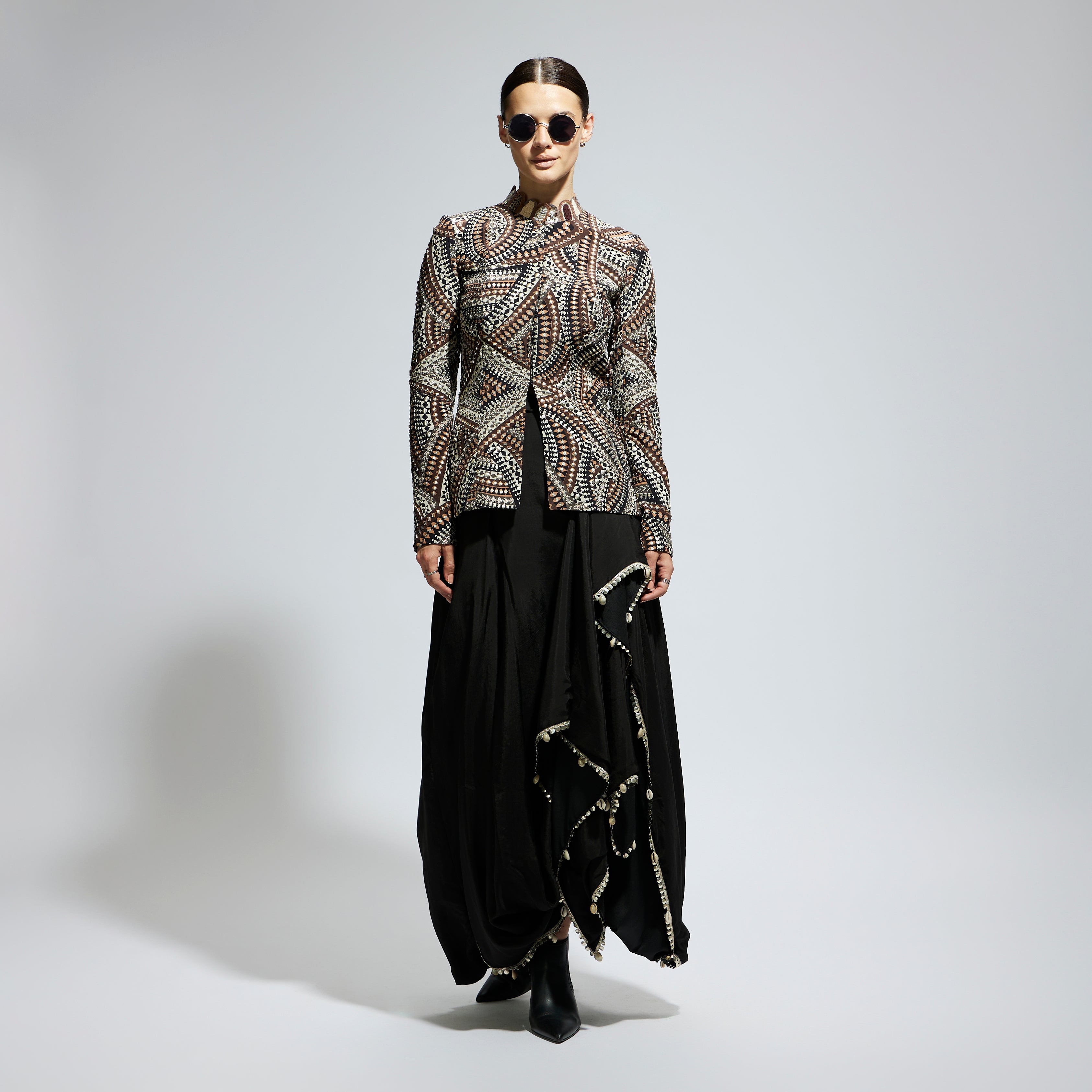 ZENTANGLE EMBELLISHED JACKET PAIRED WITH BLACK SOLID NUSHRAT SKIRT