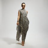 WHITE JAAL PRINT CROP TOP WITH ATTACHED DRAPE WITH PANTS