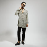 WHITE GEO PRINT ROLLED UP SLEEVES KURTA
