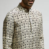WHITE GEO PRINT ROLLED UP SLEEVES KURTA