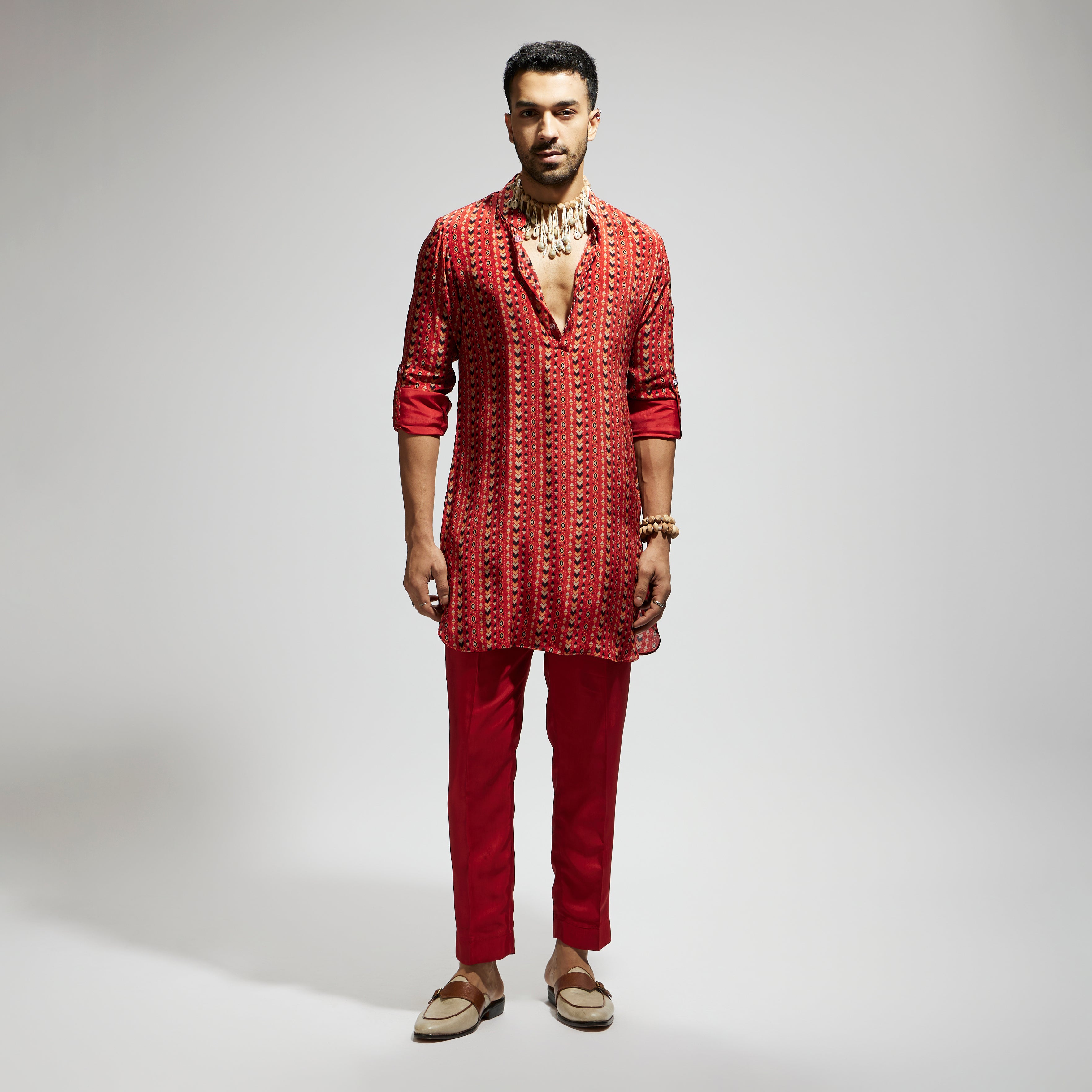 ORANGE BOHO PRINT ROLLED UP SLEEVES KURTA