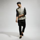 WHITE GEO PRINTED BUNDI AND BLACK KURTA AND PANTS