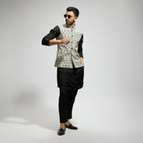 WHITE GEO PRINTED BUNDI AND BLACK KURTA AND PANTS