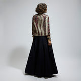 BLUE TEXTURED EMBELLISHED CAPE JACKET PAIRED WITH MASK APPLIQUE BUSTIER AND LEHENGA