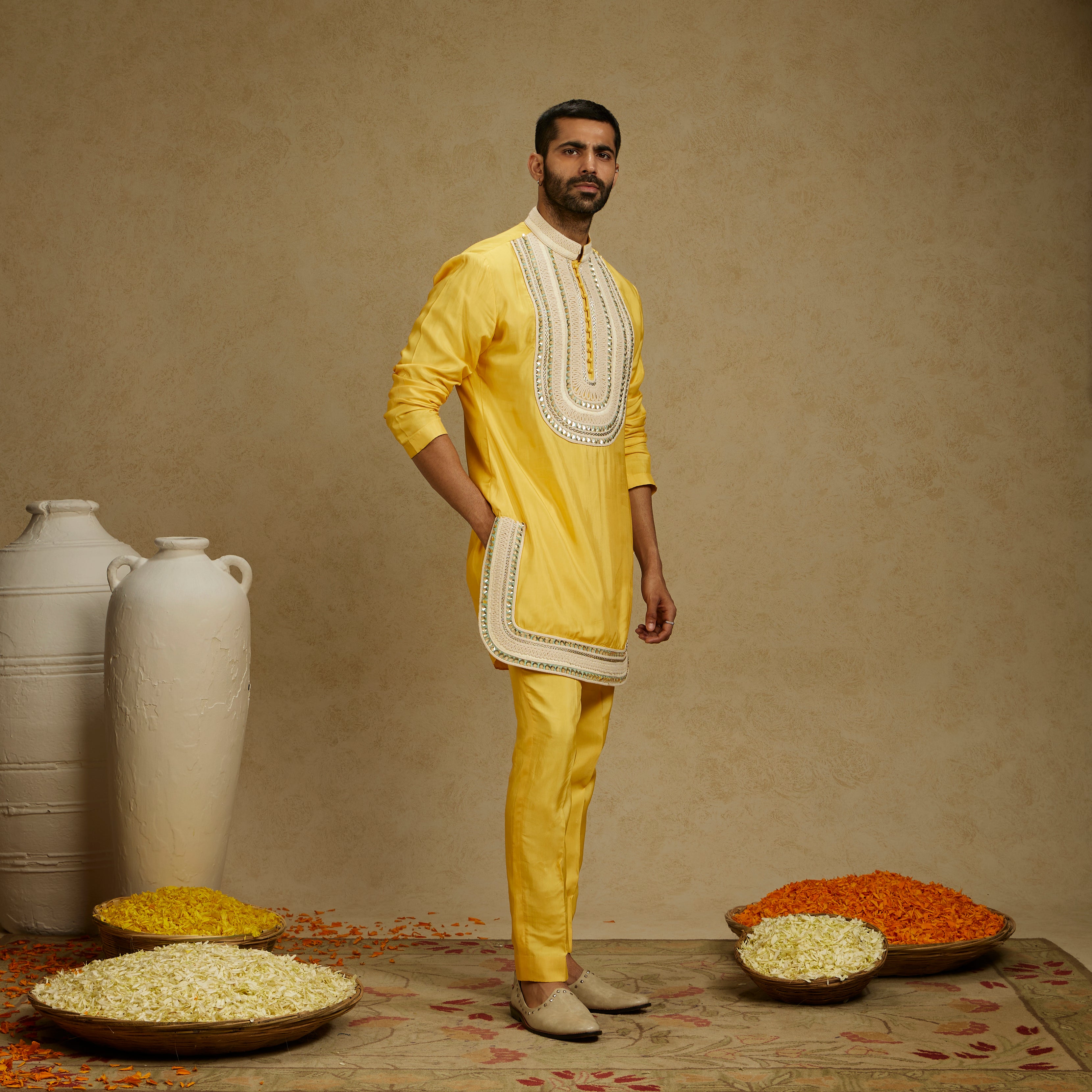 Dandelion Yellow Threadwork Yoke Kurta with Pants