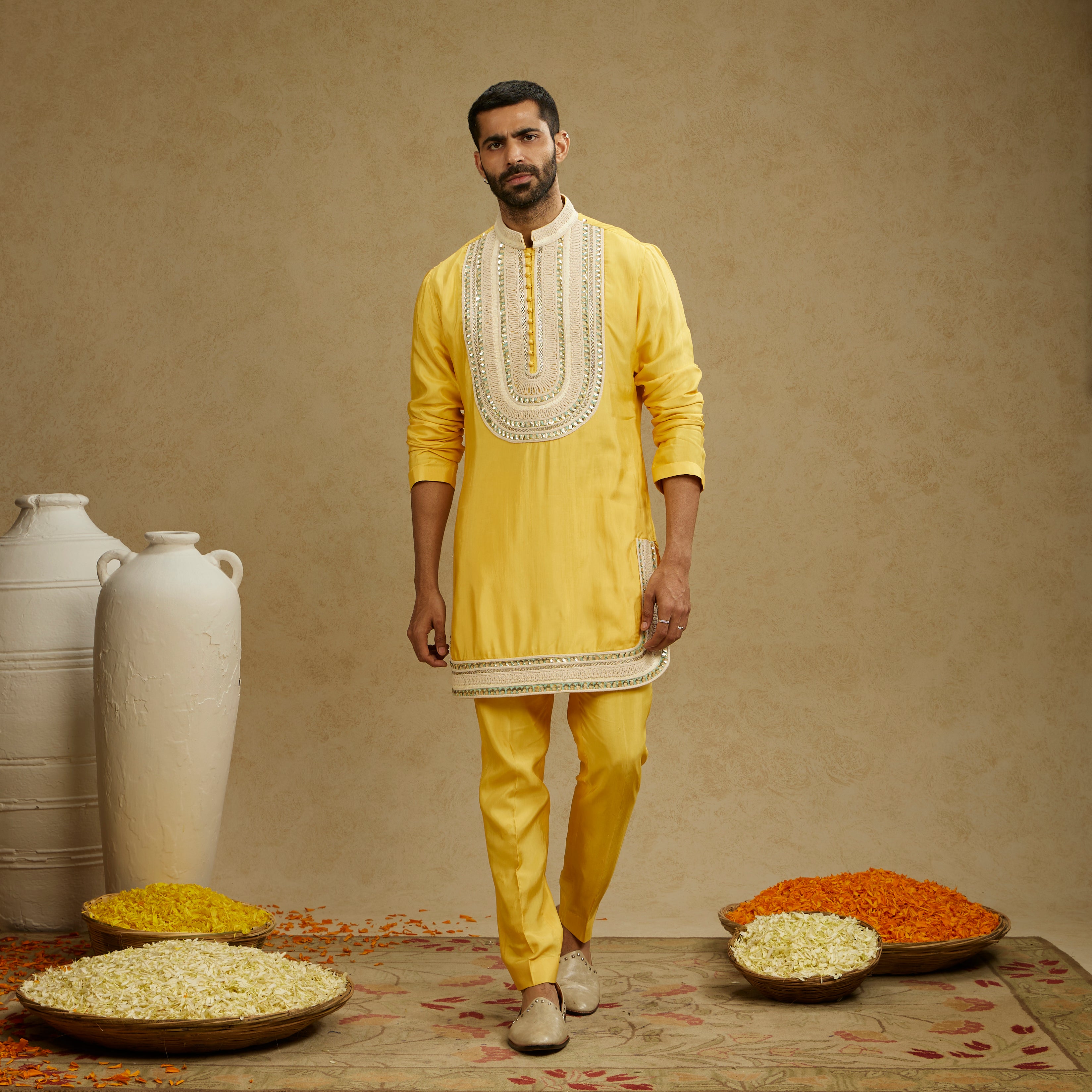Dandelion Yellow Threadwork Yoke Kurta with Pants
