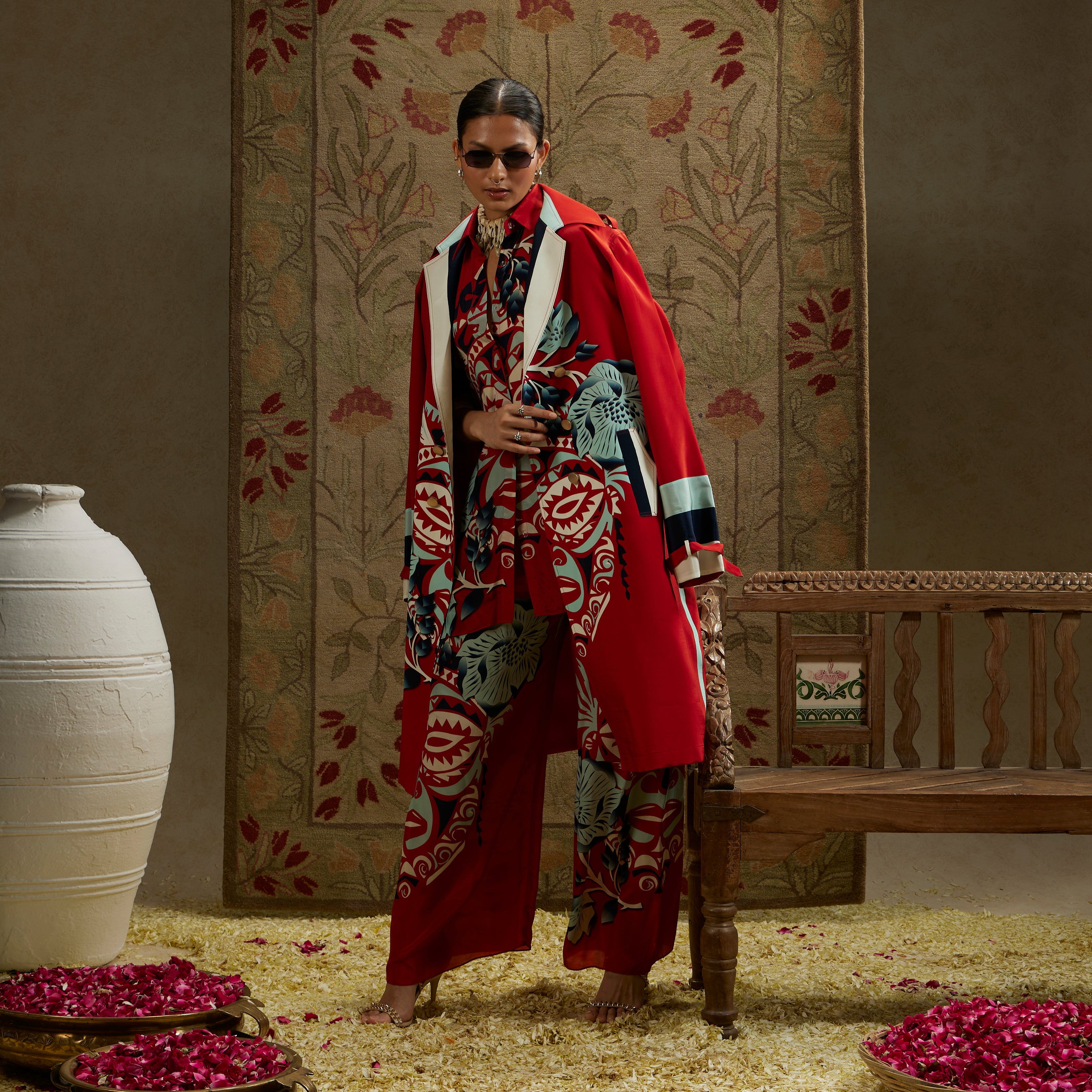 Red Mask Print Trench Coat