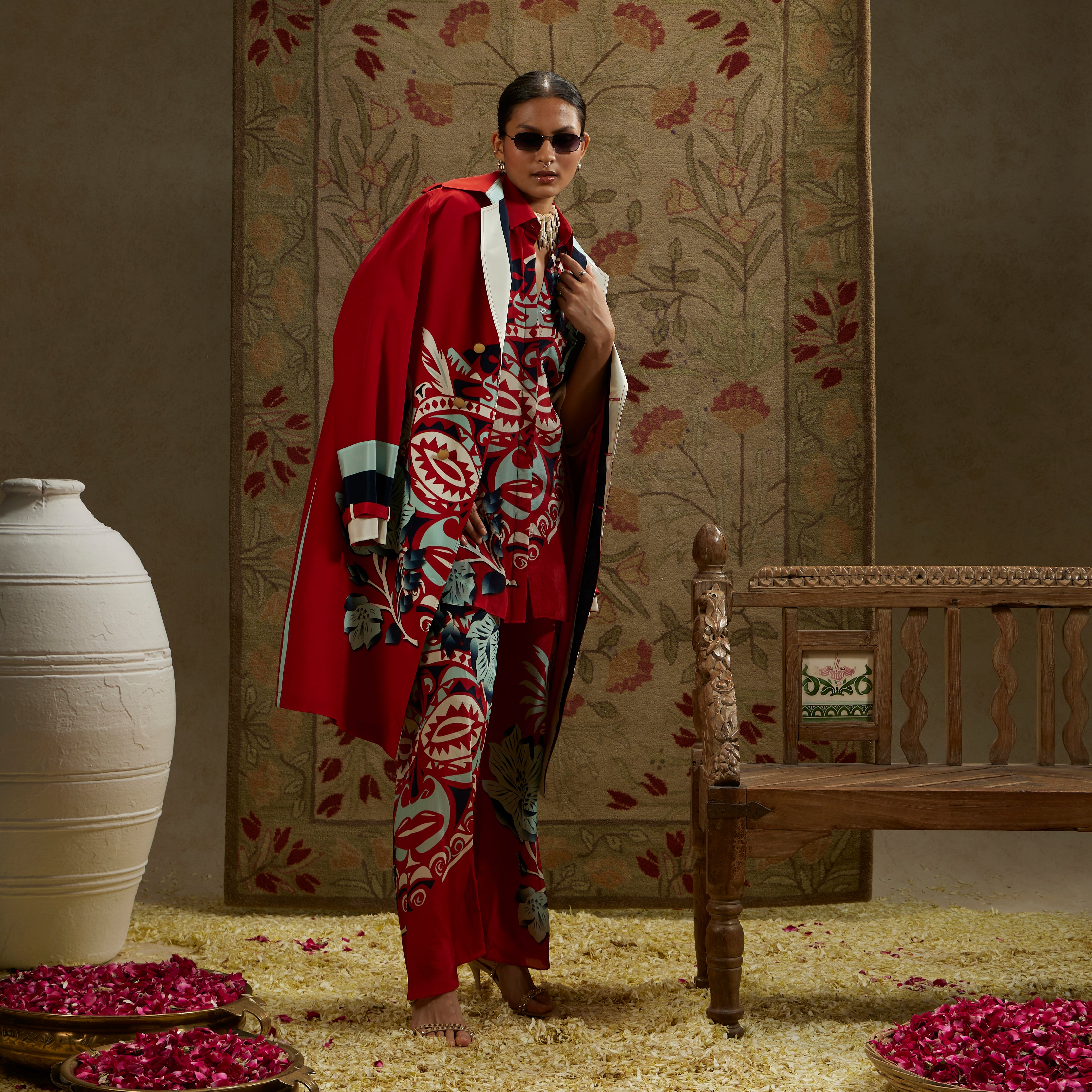 Red Mask Print Trench Coat