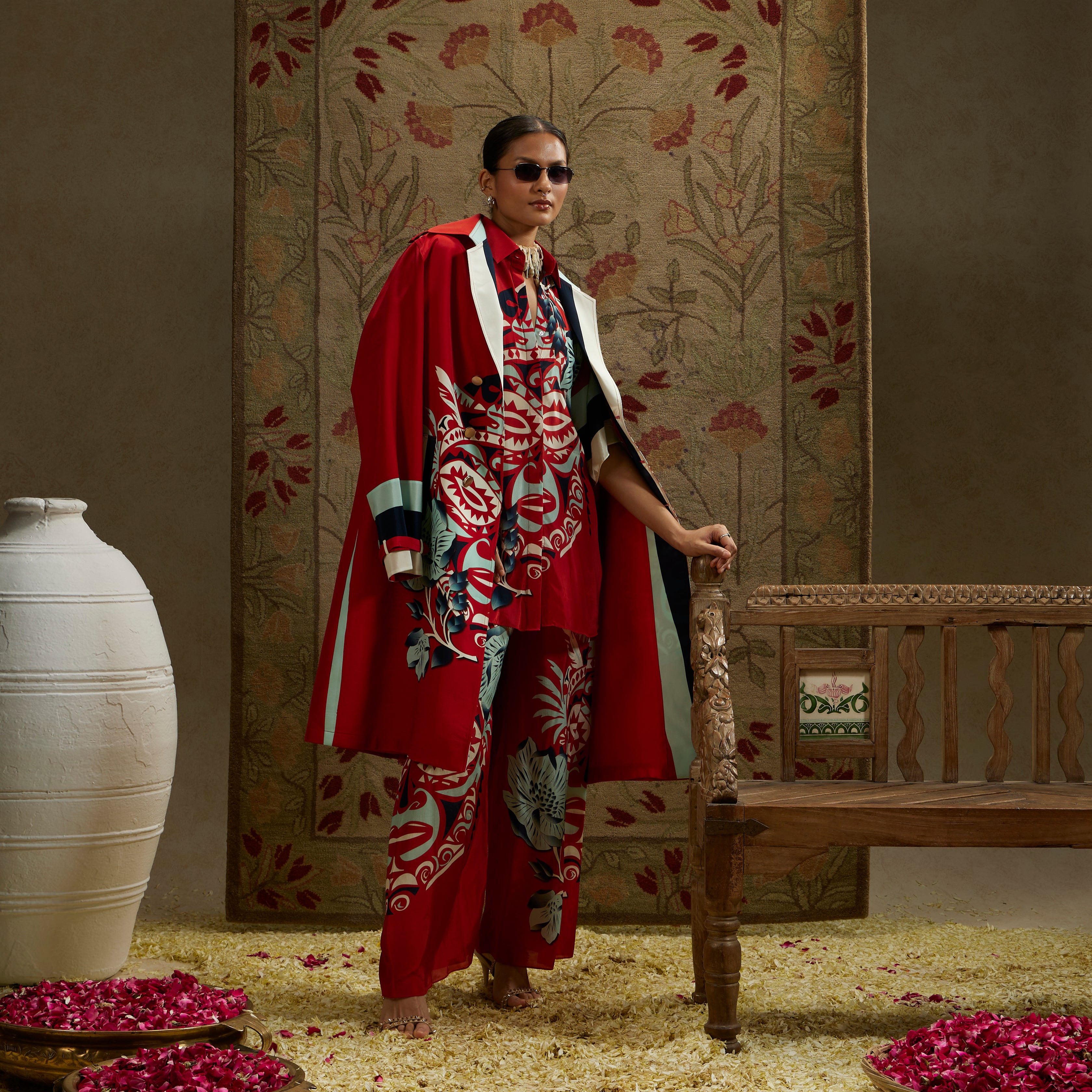 Red Mask Print Trench Coat