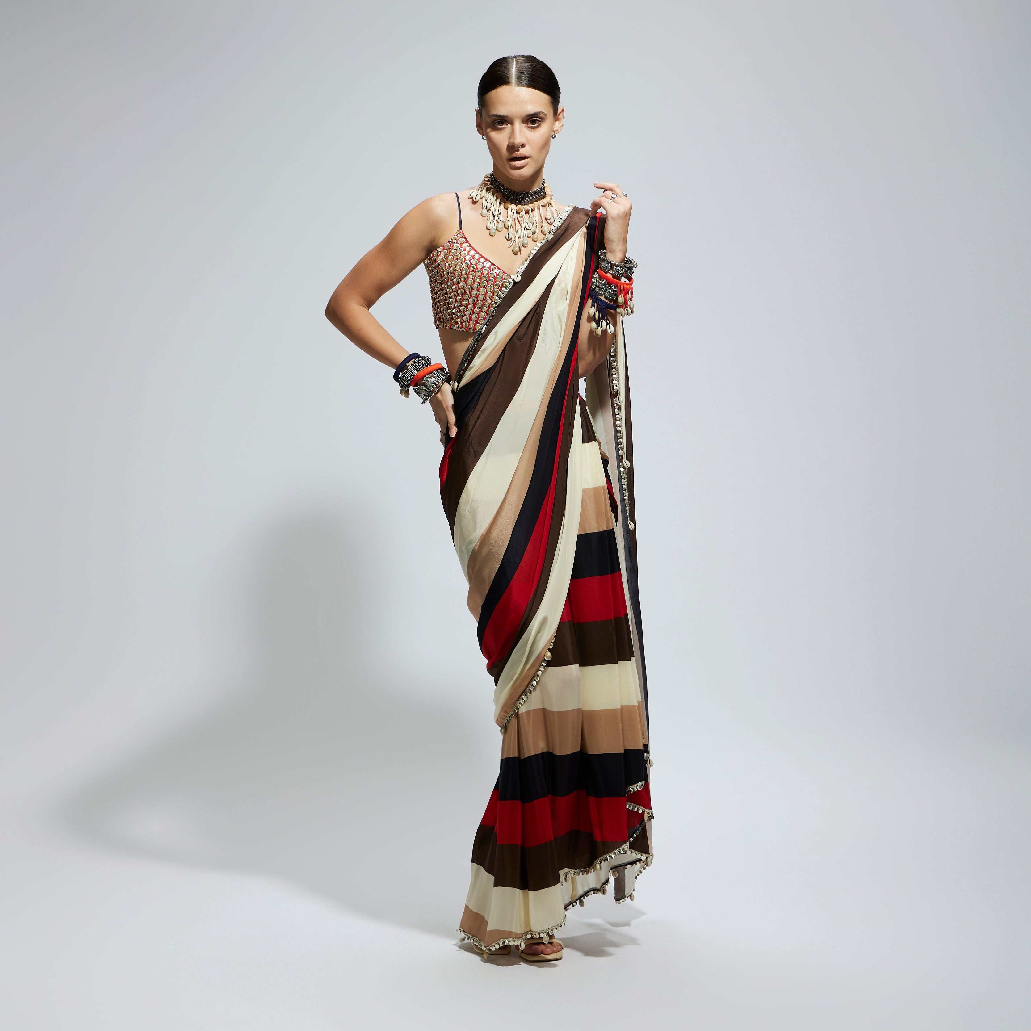 SAMSARA STRIPE PRINT CASCADE SAREE WITH METALLIC SCALLOP BUSTIER