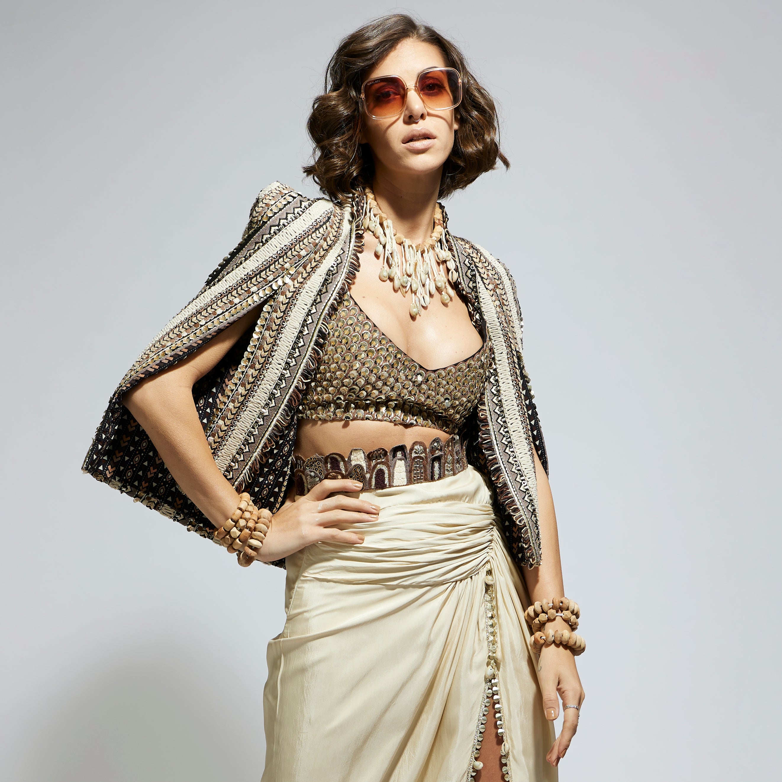 EMBELLISHED AND TEXTURED CAPE JACKET