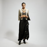 IVORY EMBELLISHED CAPE JACKET PAIRED WITH TEXTURED BUSTIER AND DRAPE SKIRT