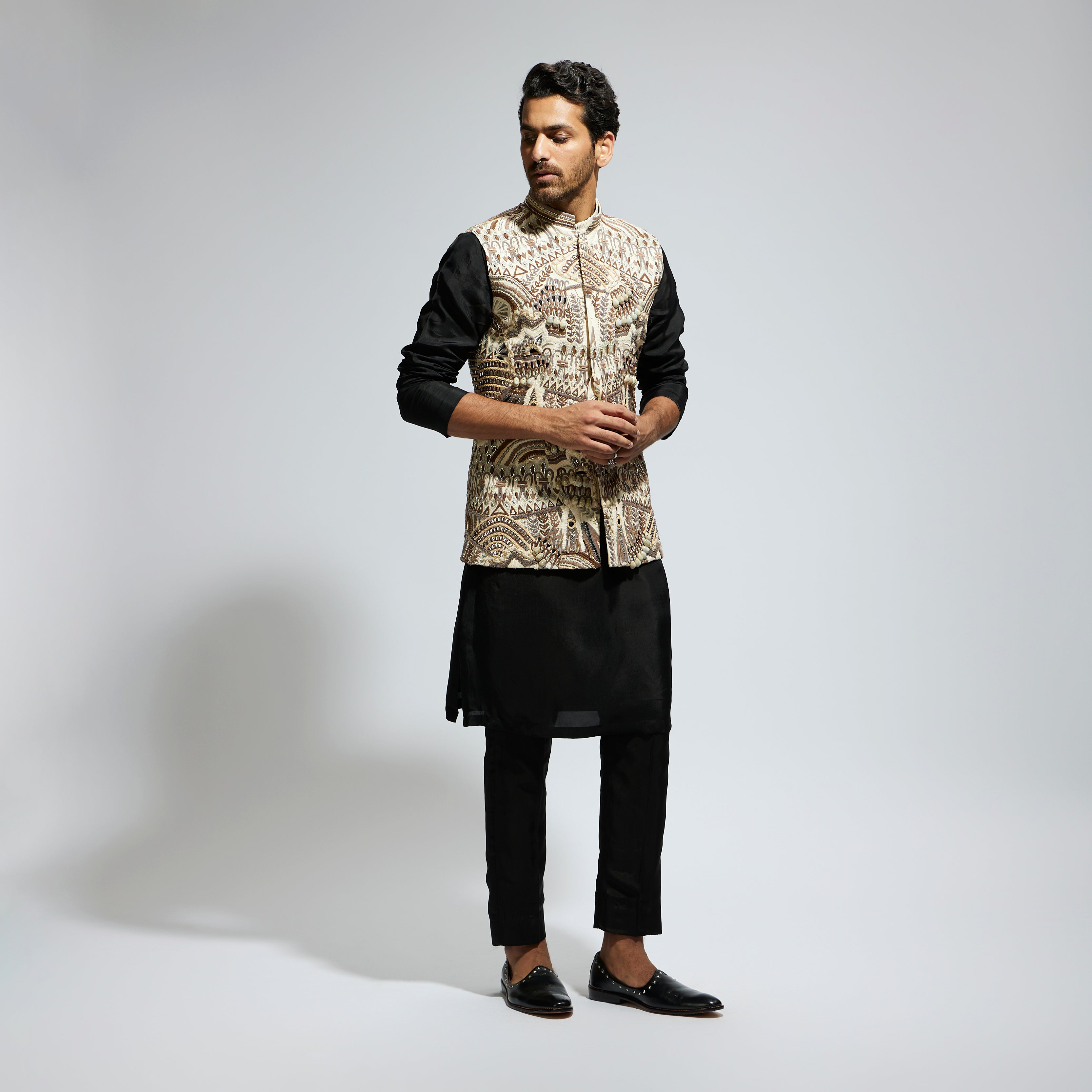 IVORY ABTRACT EMBROIDERED BUNDI