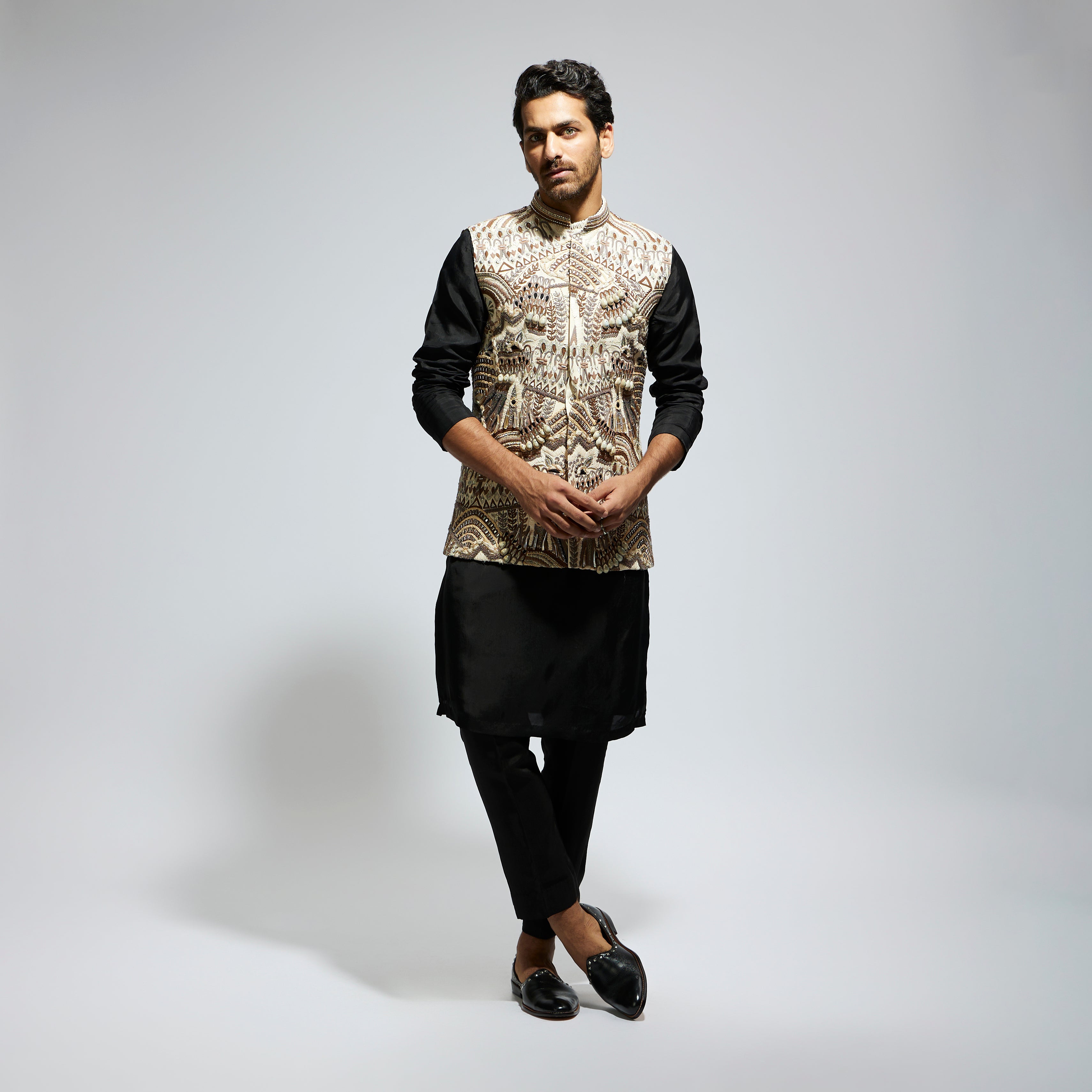 IVORY ABTRACT EMBROIDERED BUNDI