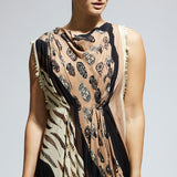 MASK AND FEATHER PRINT CROP TOP WITH ATTACHED DRAPE WITH PANTS