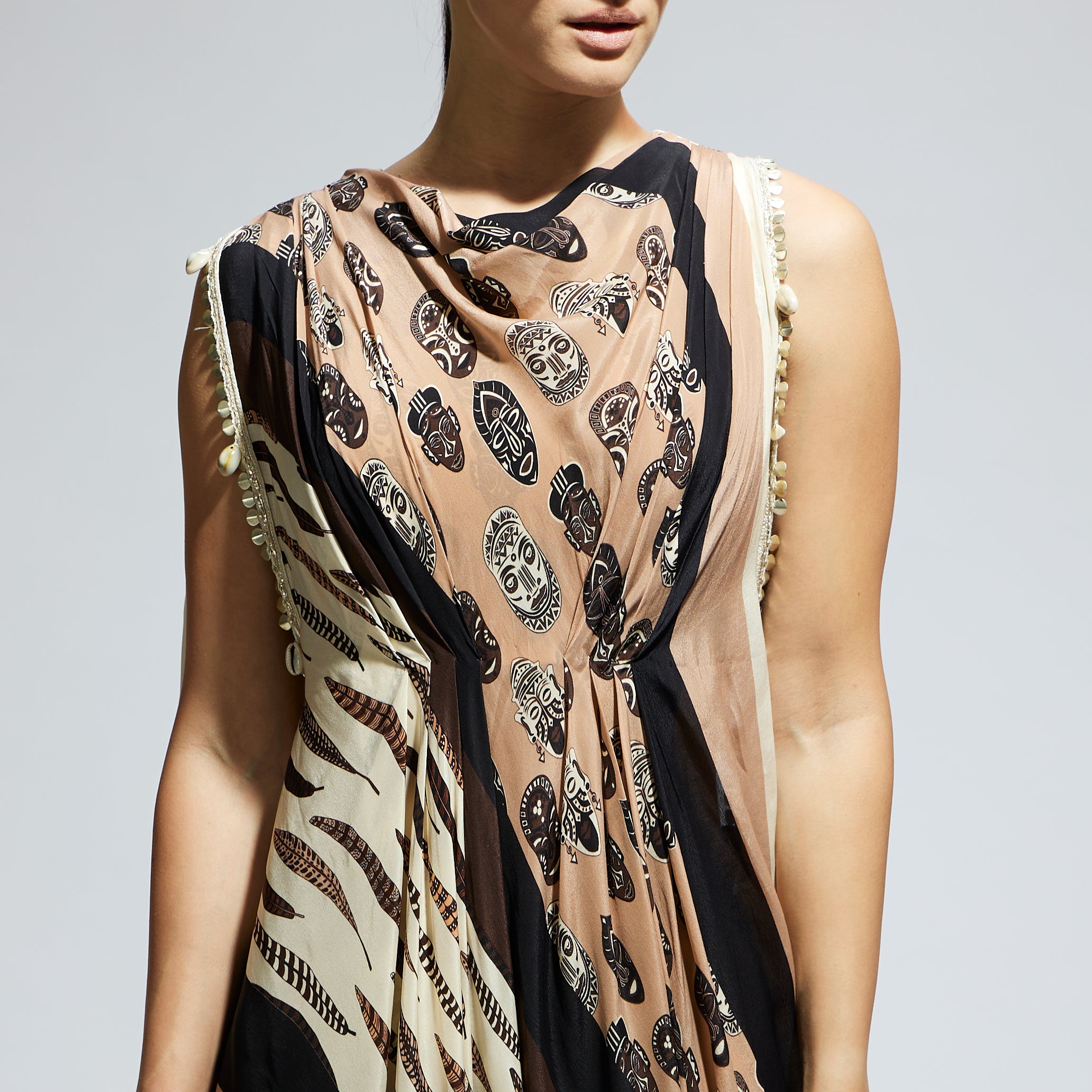 MASK AND FEATHER PRINT CROP TOP WITH ATTACHED DRAPE WITH PANTS