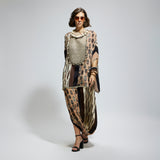 MASK AND FEATHER METALLIC EMBROIDERED YOKE SHORT KAFTAN PAIRED WTH DRAPE SKIRT