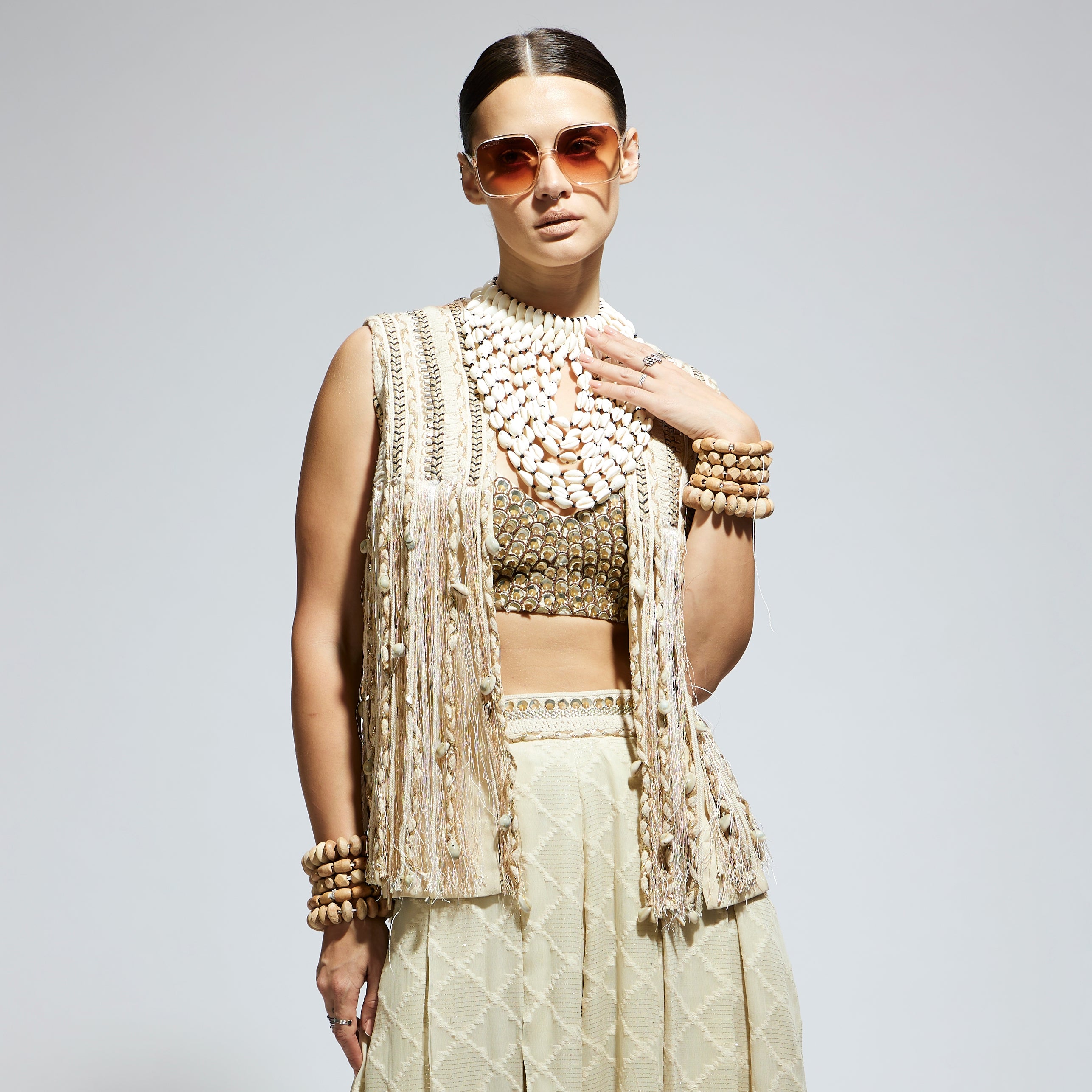 IVORY THREADWORK FRINGE JACKET