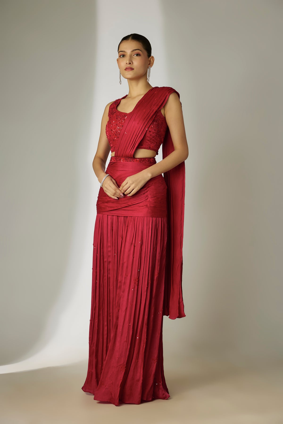 Red Pre-Draped Saree Set