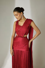 Red Pre-Draped Saree Set