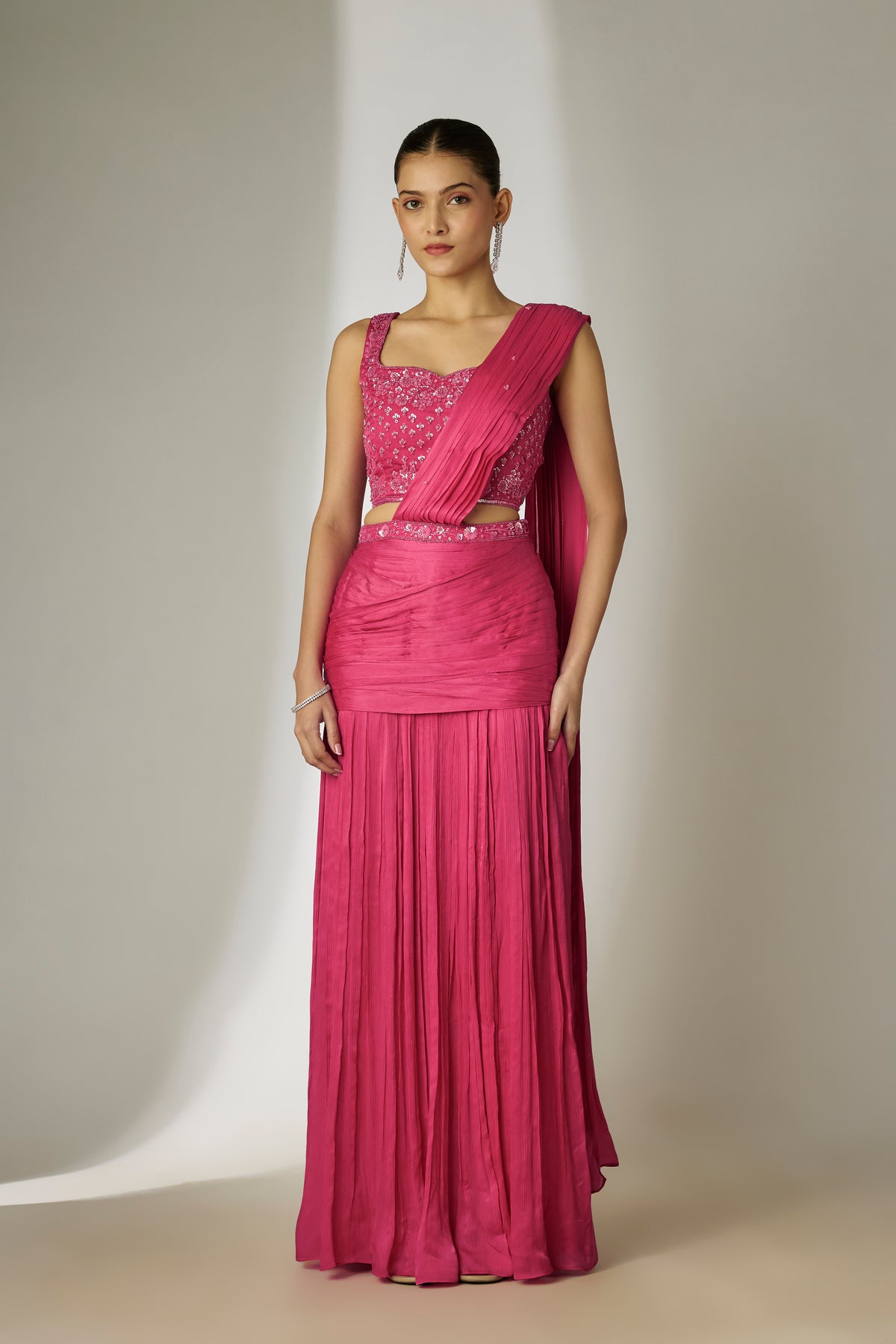 Pink Pre-Draped Saree Set