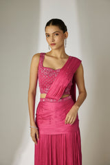 Pink Pre-Draped Saree Set