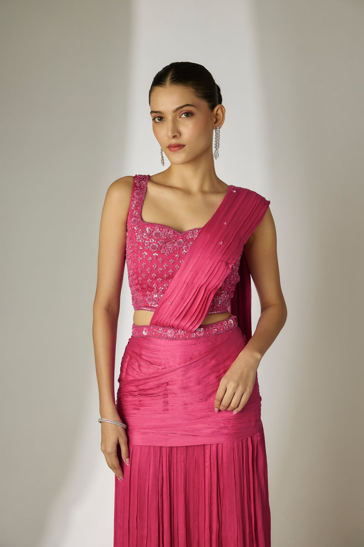Pink Pre-Draped Saree Set