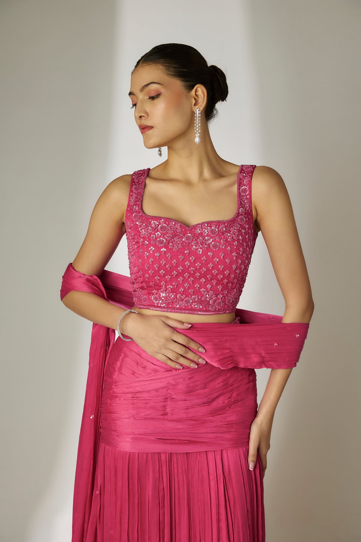 Pink Pre-Draped Saree Set
