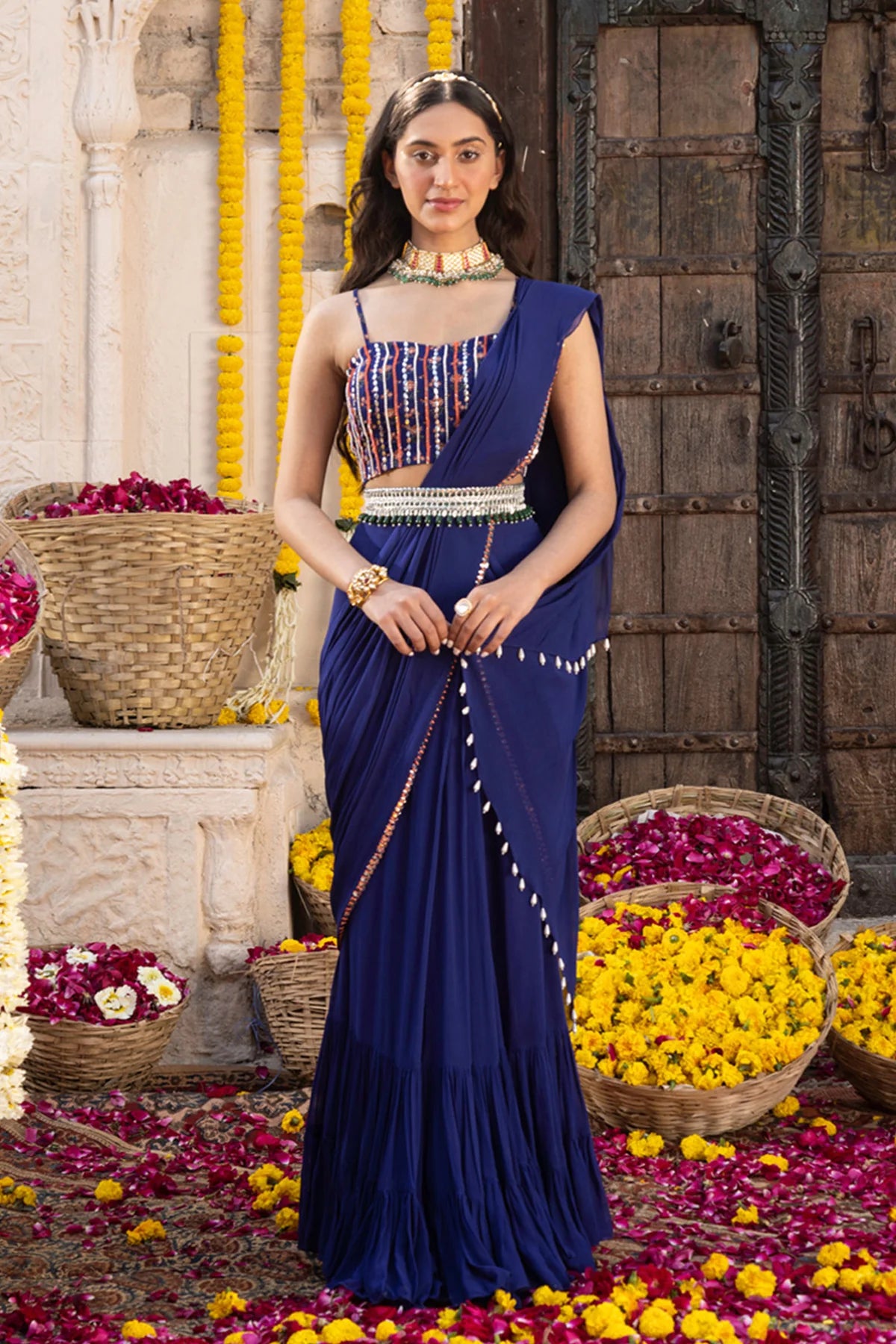 ROYAL BLUE PRINTED SAREE SET