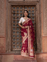 Maroon Pure Chiffon Banarasi Silk Handloom Saree