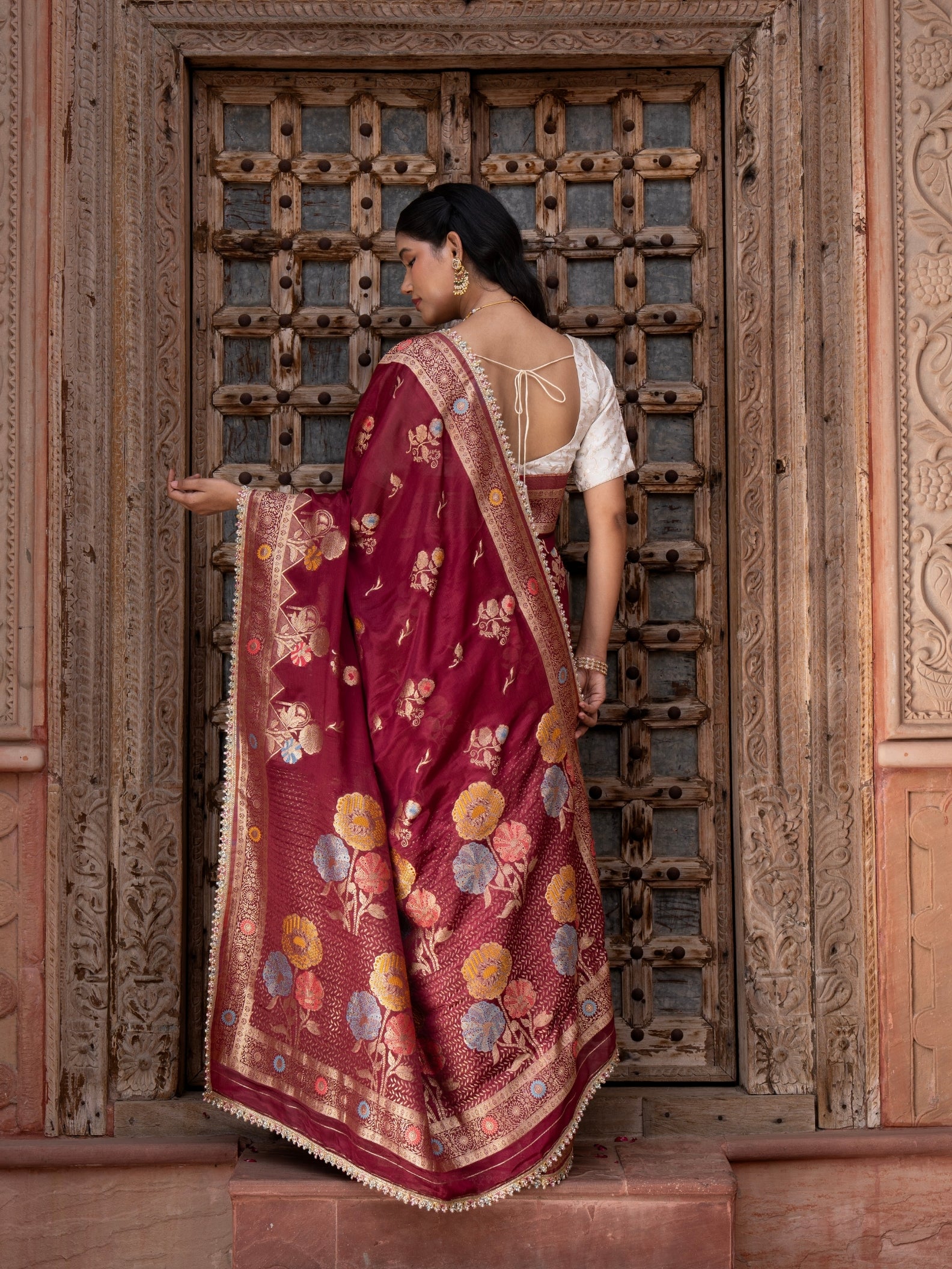 Maroon Pure Chiffon Banarasi Silk Handloom Saree