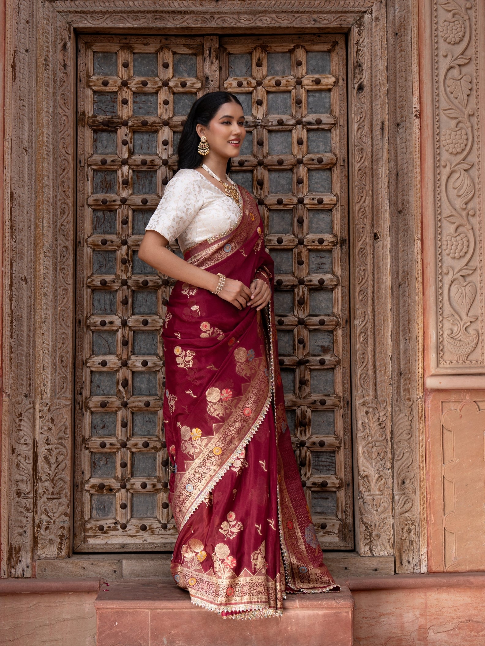 Maroon Pure Chiffon Banarasi Silk Handloom Saree