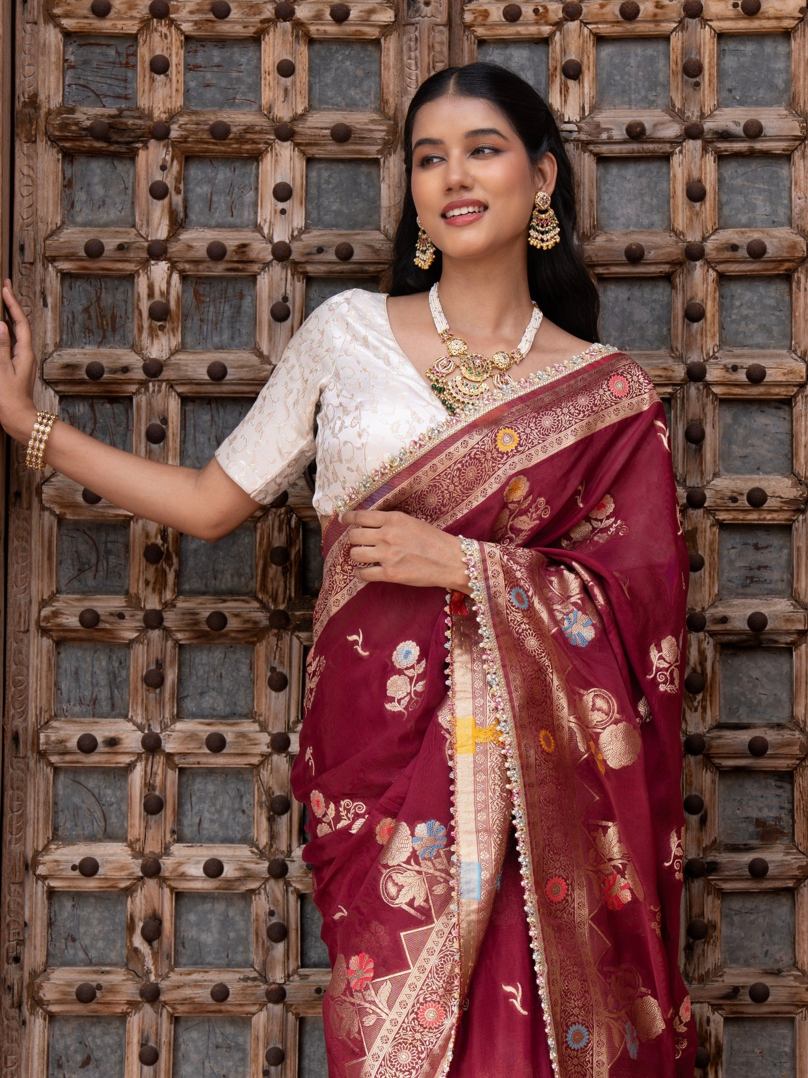 Maroon Pure Chiffon Banarasi Silk Handloom Saree