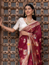 Maroon Pure Chiffon Banarasi Silk Handloom Saree