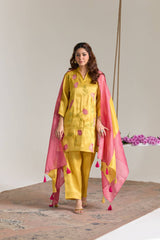Fuschia Yellow Applique Embroidered Tissue Kurta Set - Set of 2