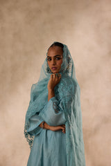 Sky blue chanderi floral resham embroidered kurta paired with pant & organza dupatta