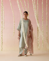 Mint Daisy Tissue Kurta with 
Narrow Pants & Dupatta - Set of 3