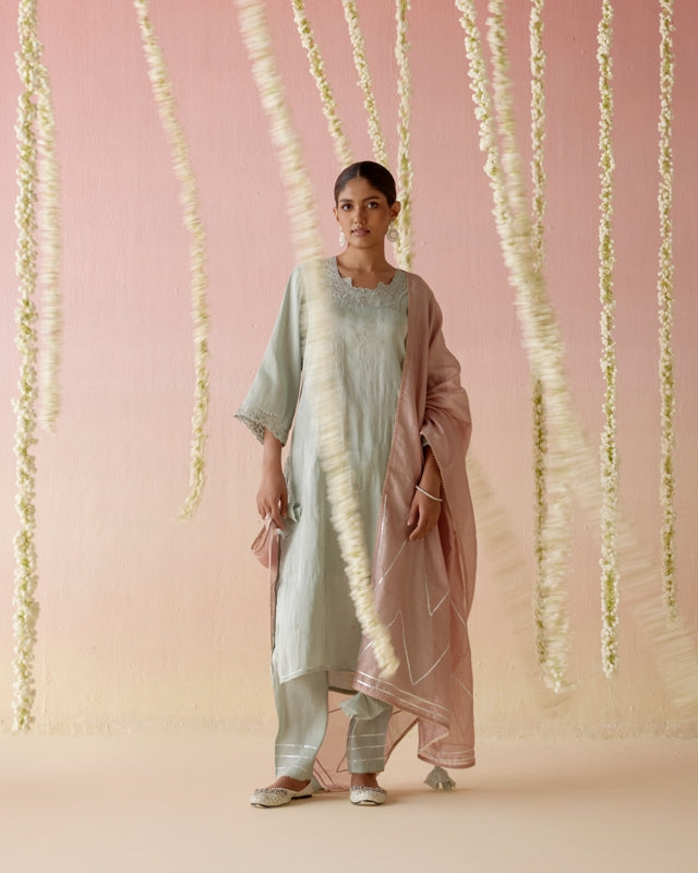 Mint Daisy Tissue Kurta with 
Narrow Pants & Dupatta - Set of 3