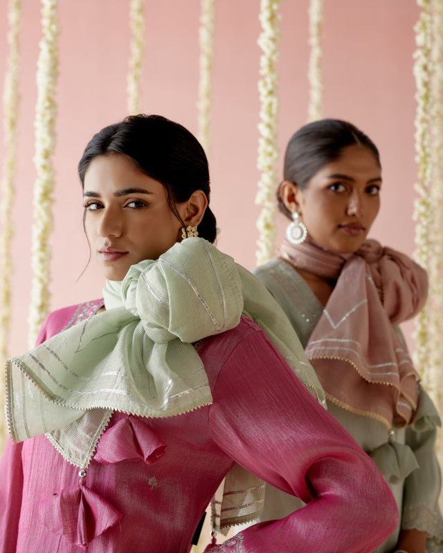 Peony Pink Tissue Kurta with 
Narrow Pants & Dupatta - Set of 3