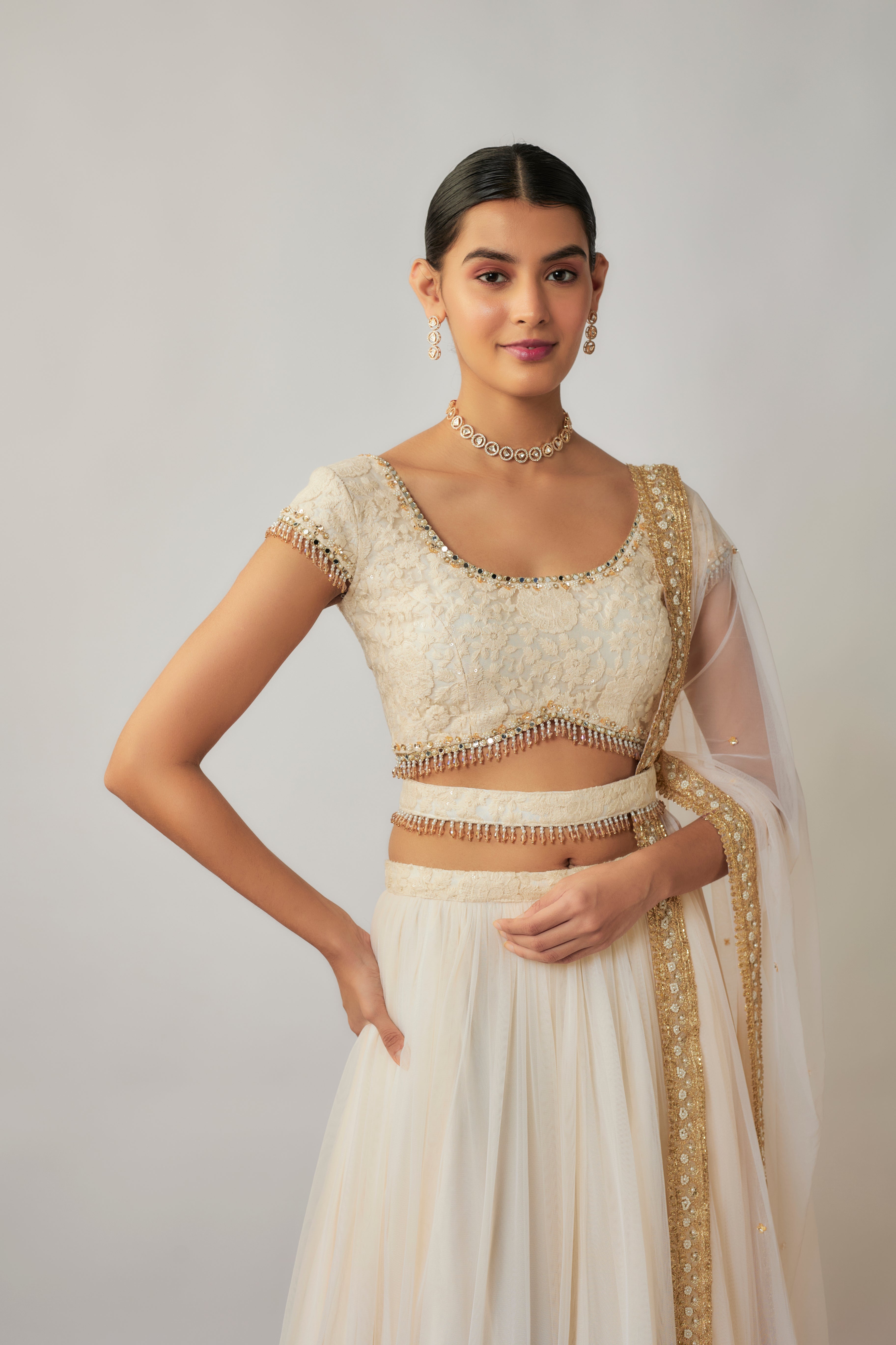 Ivory sequin and thread embroidered floral lehenga set