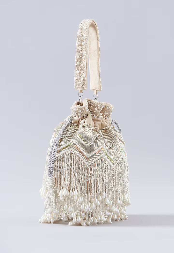 Beige Pearl Handembroidered Potli