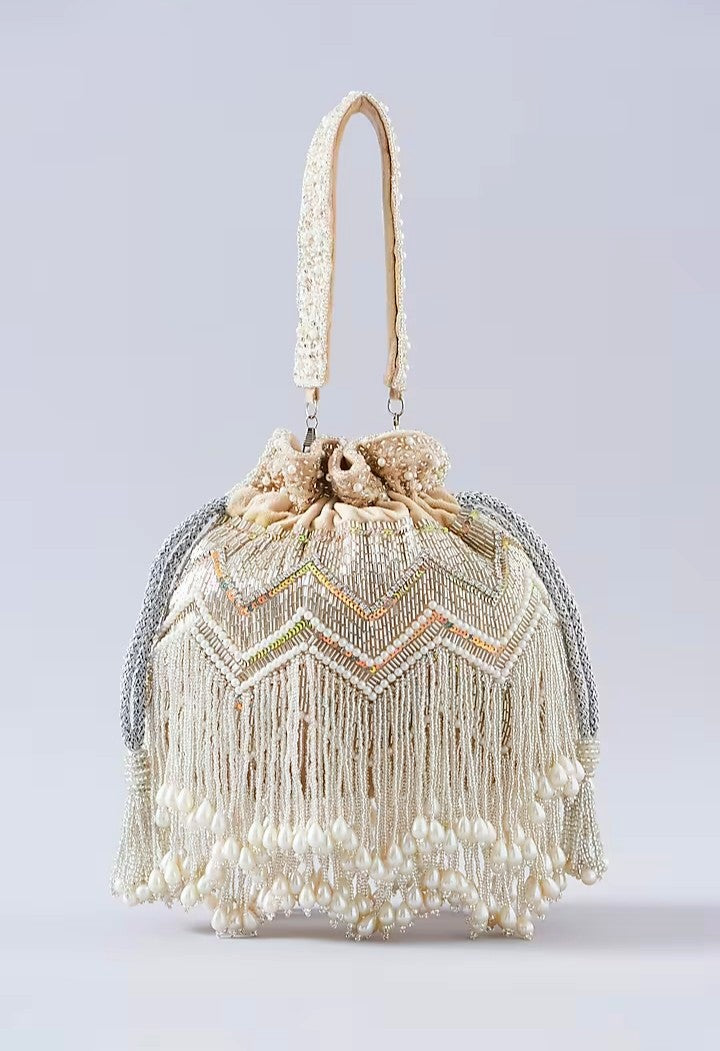 Beige Pearl Handembroidered Potli