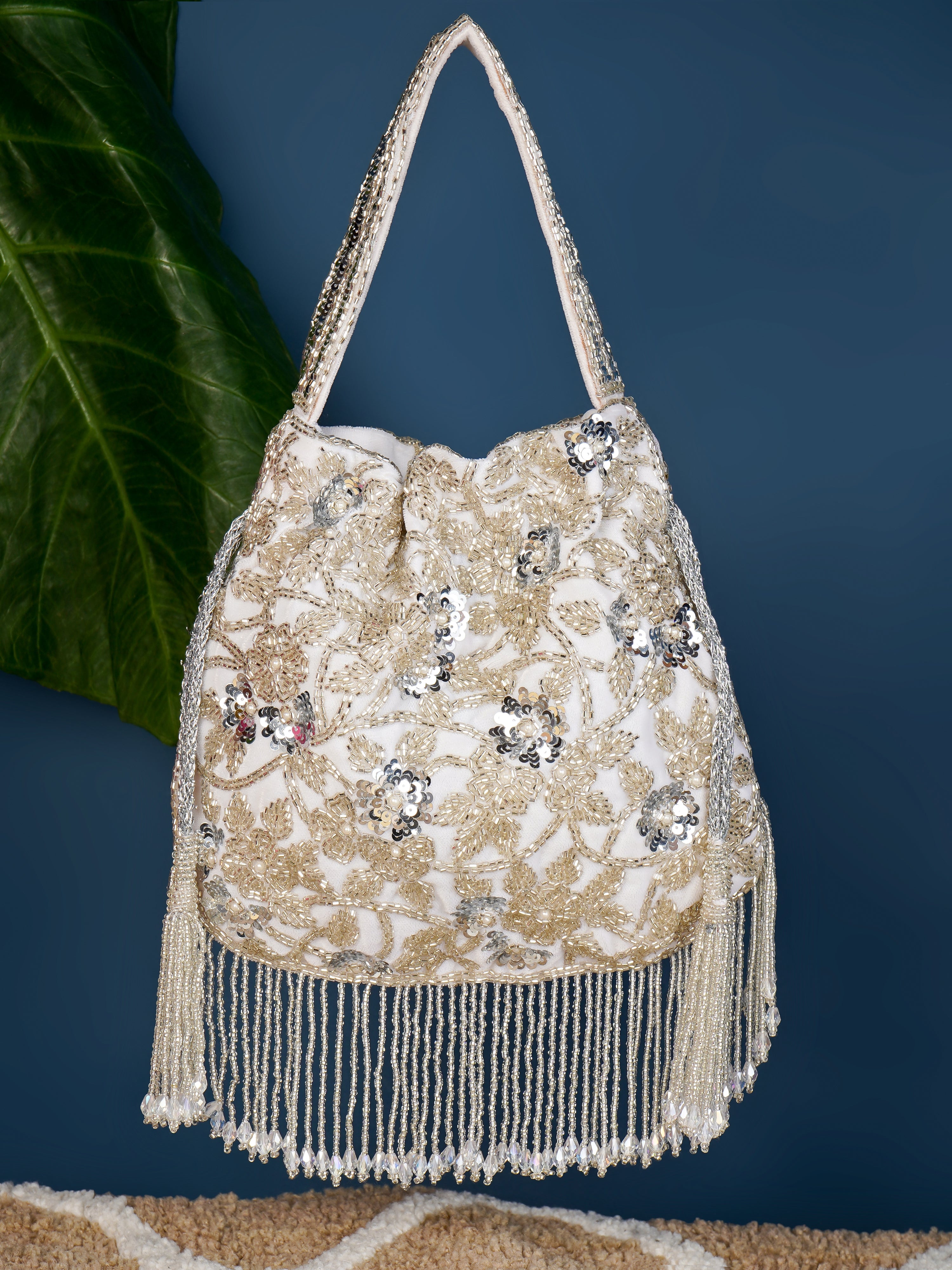 Silver Petal Handembroidered Potli
