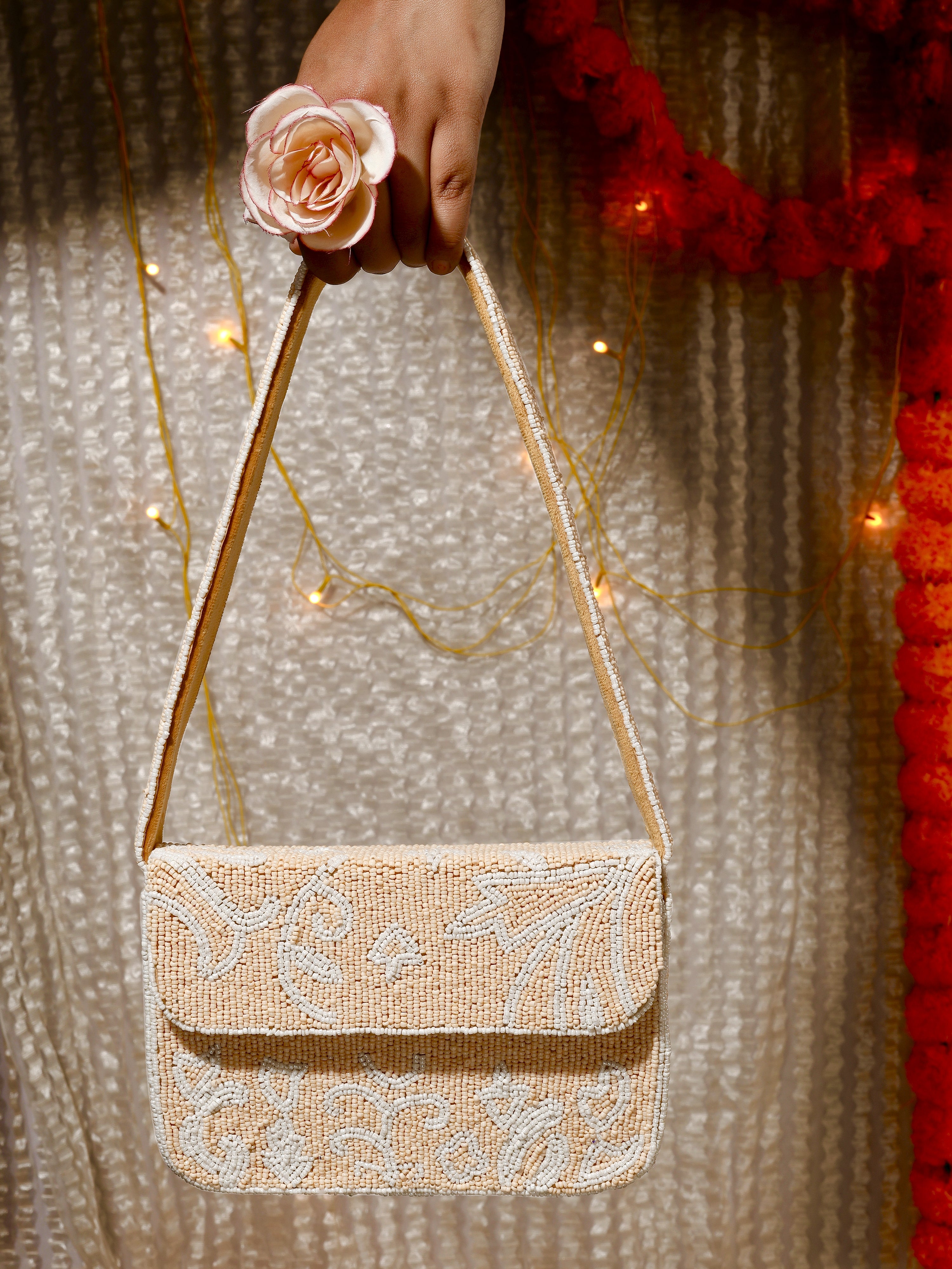 Beige Blossom Beaded Handembroidered Purse