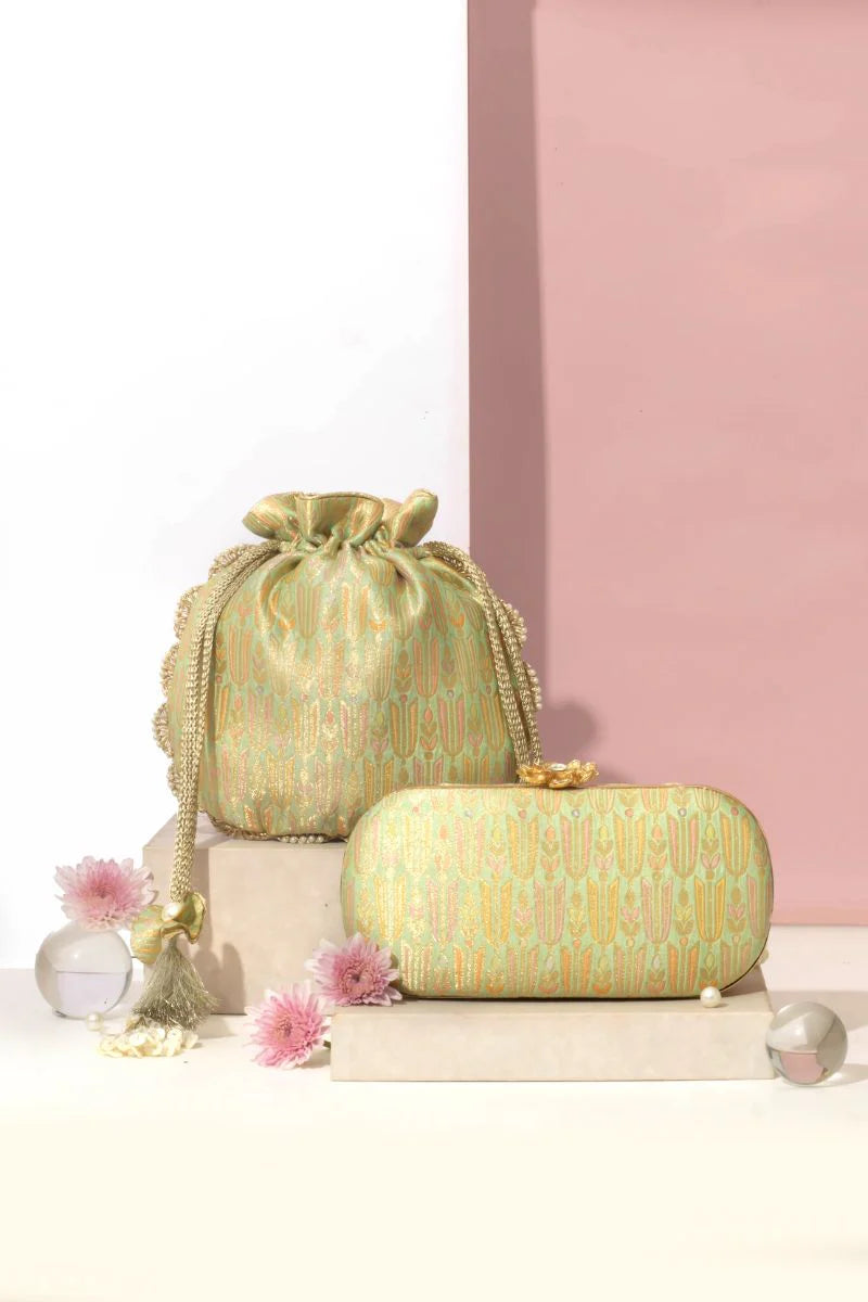 Titli Pure Banarasi Silk Capsule Clutch - Green